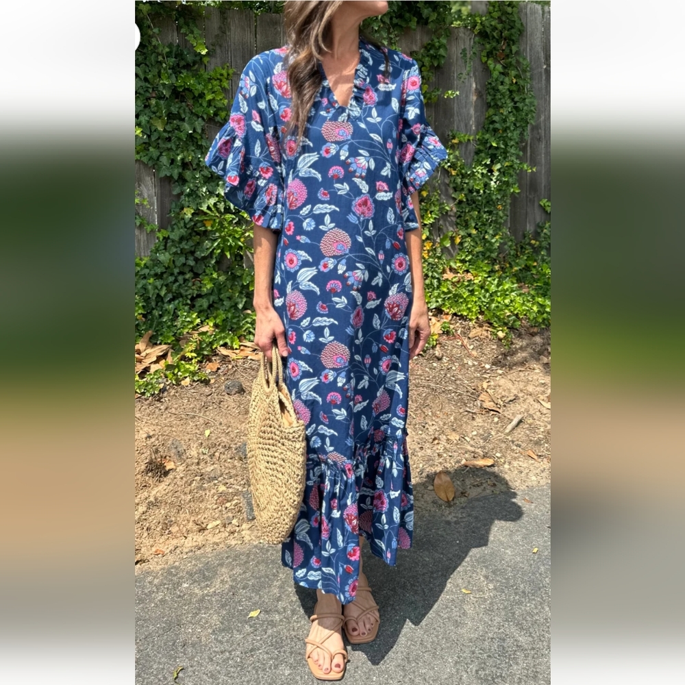 NWT Fitzroy and Willa Blue Orange Floral Marti Maxi Dress Size Small